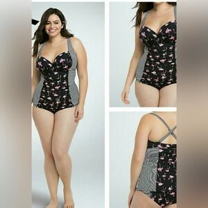 Torrid Black and Pink Flamingo Swimsuit